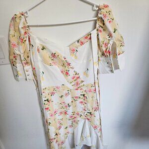 For Love & Lemons Floral Savannah Ruffled Yellow Maxi Gown Dress